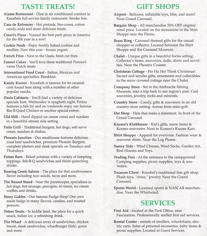 Knoebels Amusement Park Price List 1998_3