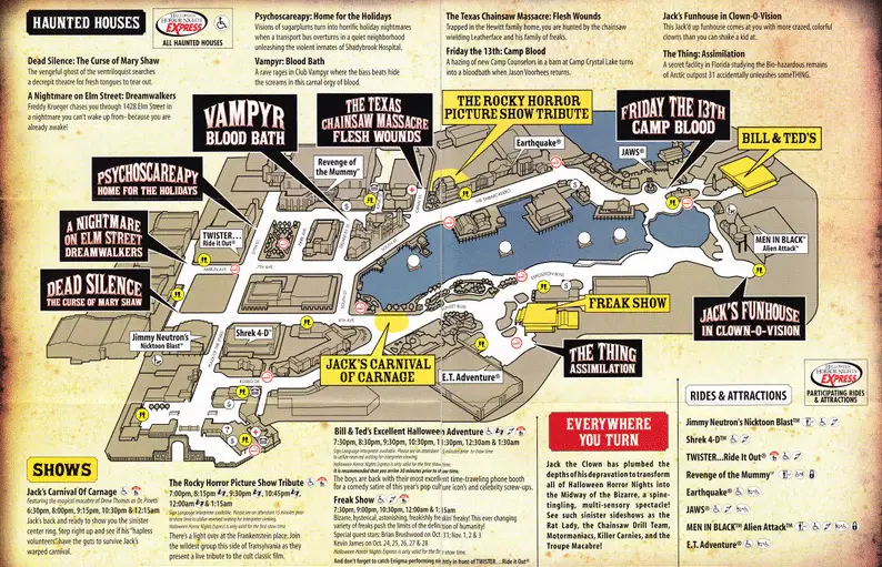 Universal Studios Florida Halloween Horror Nights Map 2007
