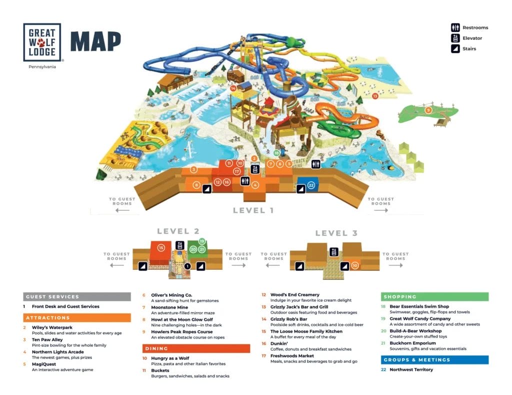 Great Wolf Lodge Water Park | Pocono Mountains Map and Brochure (2022 ...